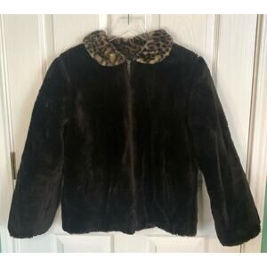 Vintage Christie Brooks Brown Faux Fur Cheetah Collar Jacket Y2K - Girl's L (14)